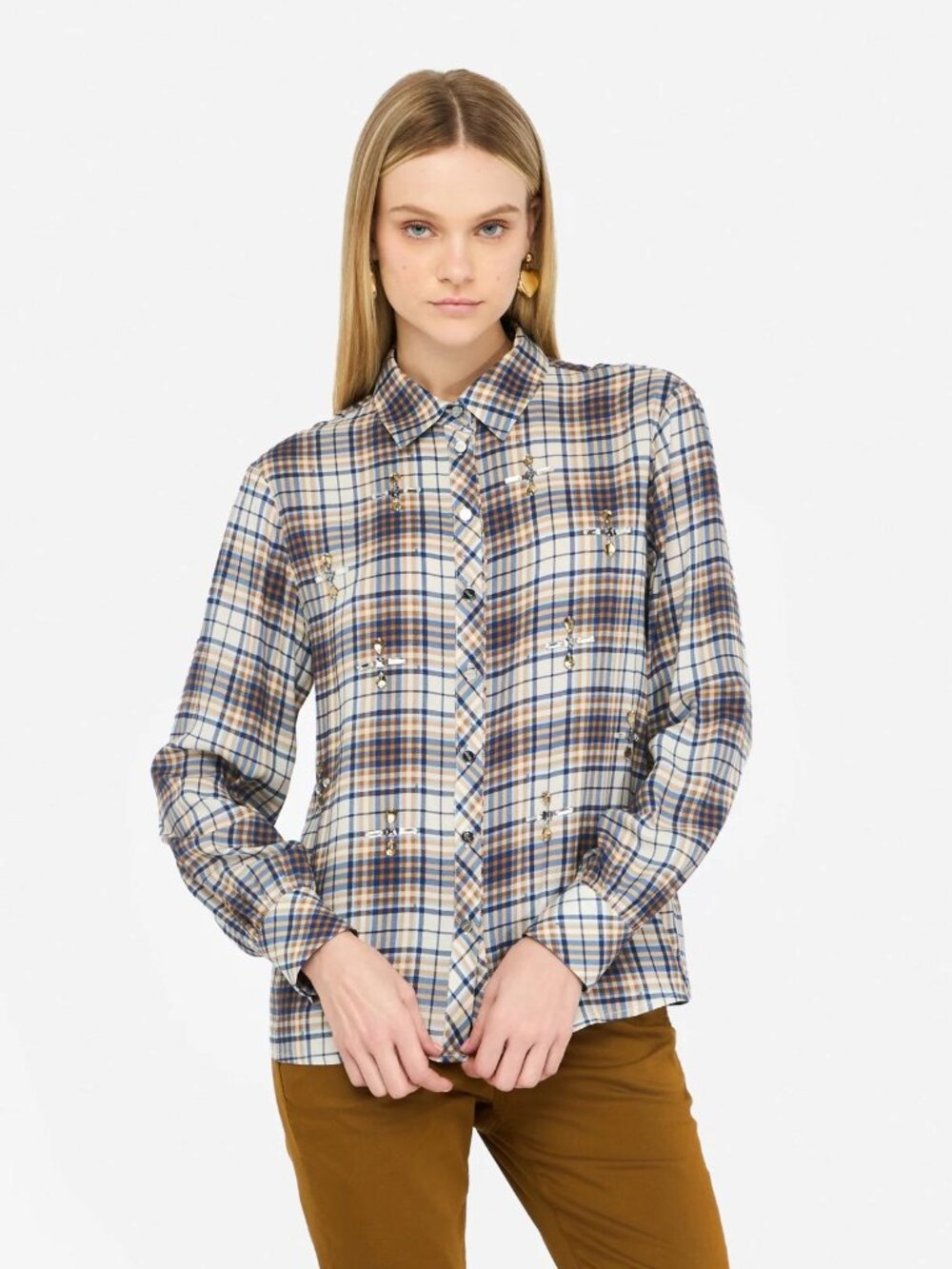 LIU.JO Crystal Embellished Checkered Plaid Twill Button Down Shirt, Size 42/M